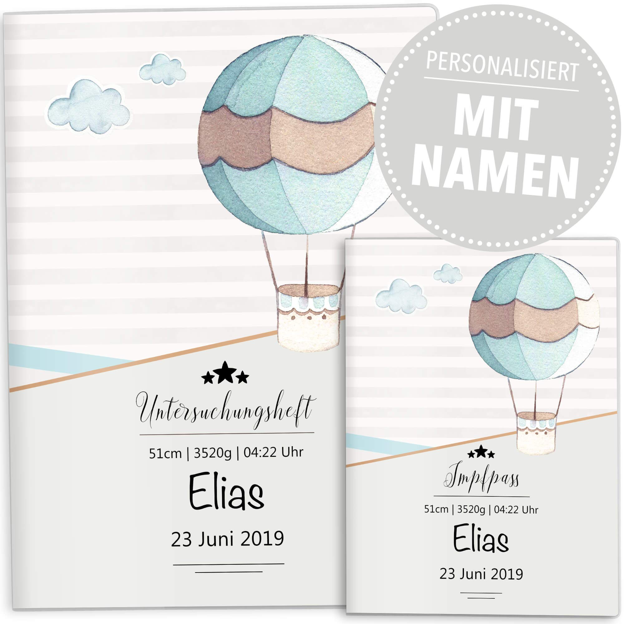 OLGS U-Heft und Impfpasshüllen Set | Transport Heißluftballon | Untersuchungsheft Hülle & Impfpasshülle tolle Geschenkidee personalisierbar mit Namen (Uhefthülle, Impfpasshülle personalisiert)