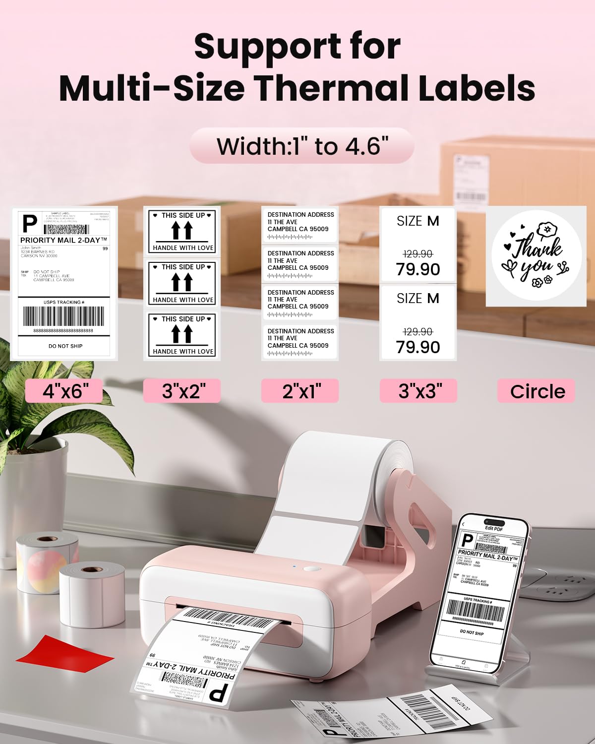 Phomemo 246BT Bluetooth Etikettendrucker DHL Label Printer,4x6 Thermodrucker DHL Labeldrucker,Versandetiketten Drucker Kompatibel mit Amazon, Etsy, Shopify, UPS, FedEx etc(Rosa)