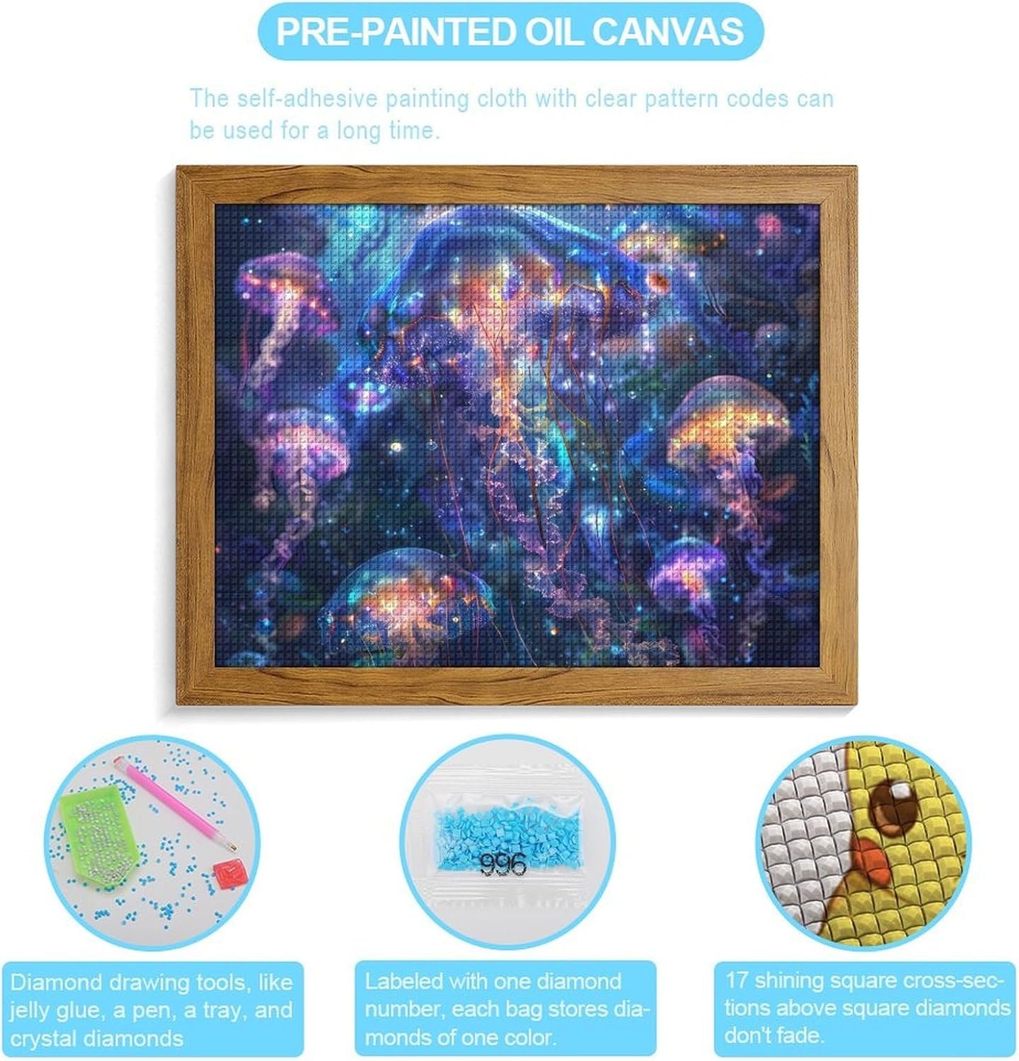 Swimming Glowing Jellyfish Printed Diamond 5D Painting Kits DIY Full Drill Crafts for Home Wall Decor 16x20 Inch Yellow Wood 50 * 40cm