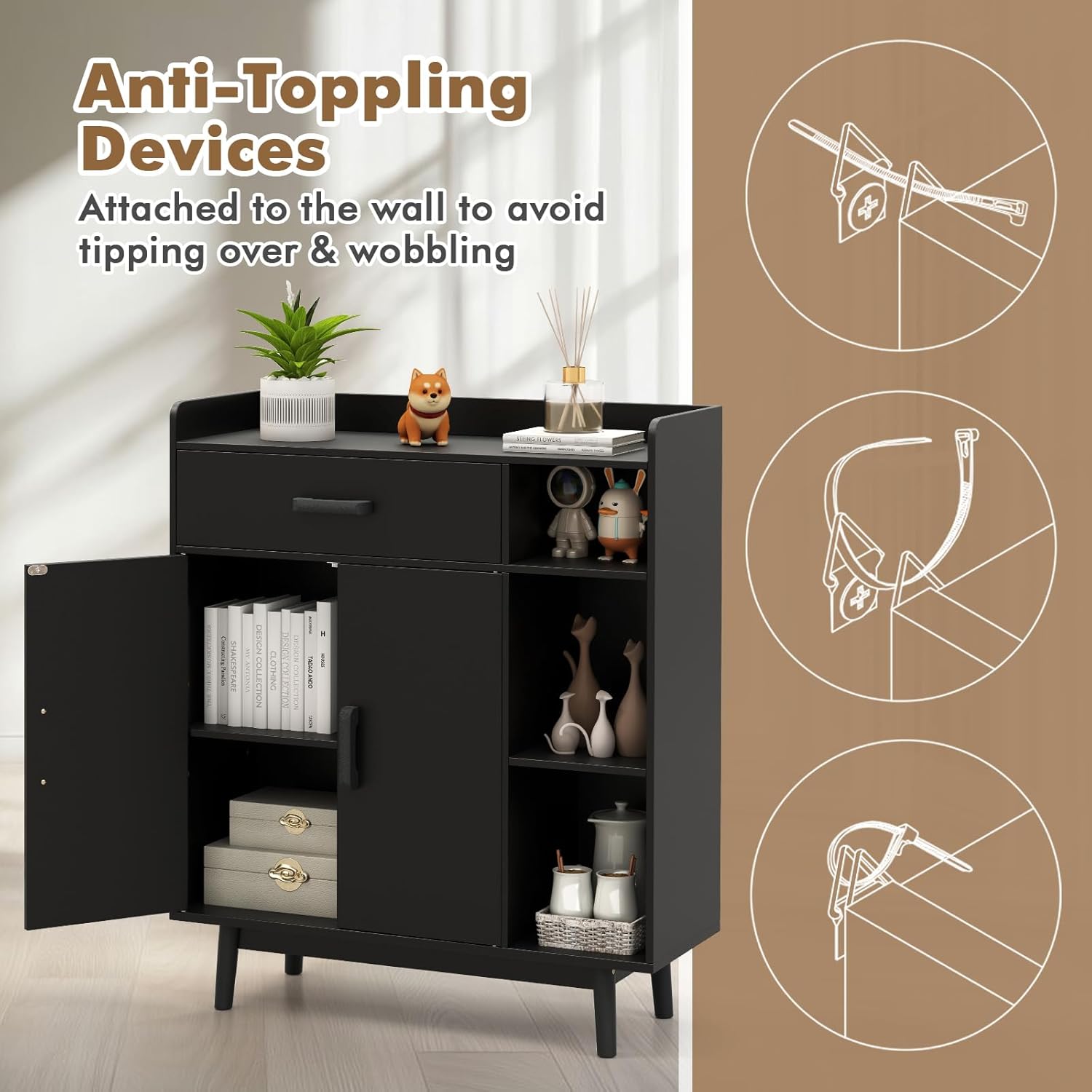 Giantex Floor Storage Cabinet, Freestanding Cupboard with 1 Drawer, 2 Doors, 3 Shelves, 4 Rubber Wood Legs, Sideboard, Entryway Unit for Home Office, Living Room, Storage Organizer (Black)