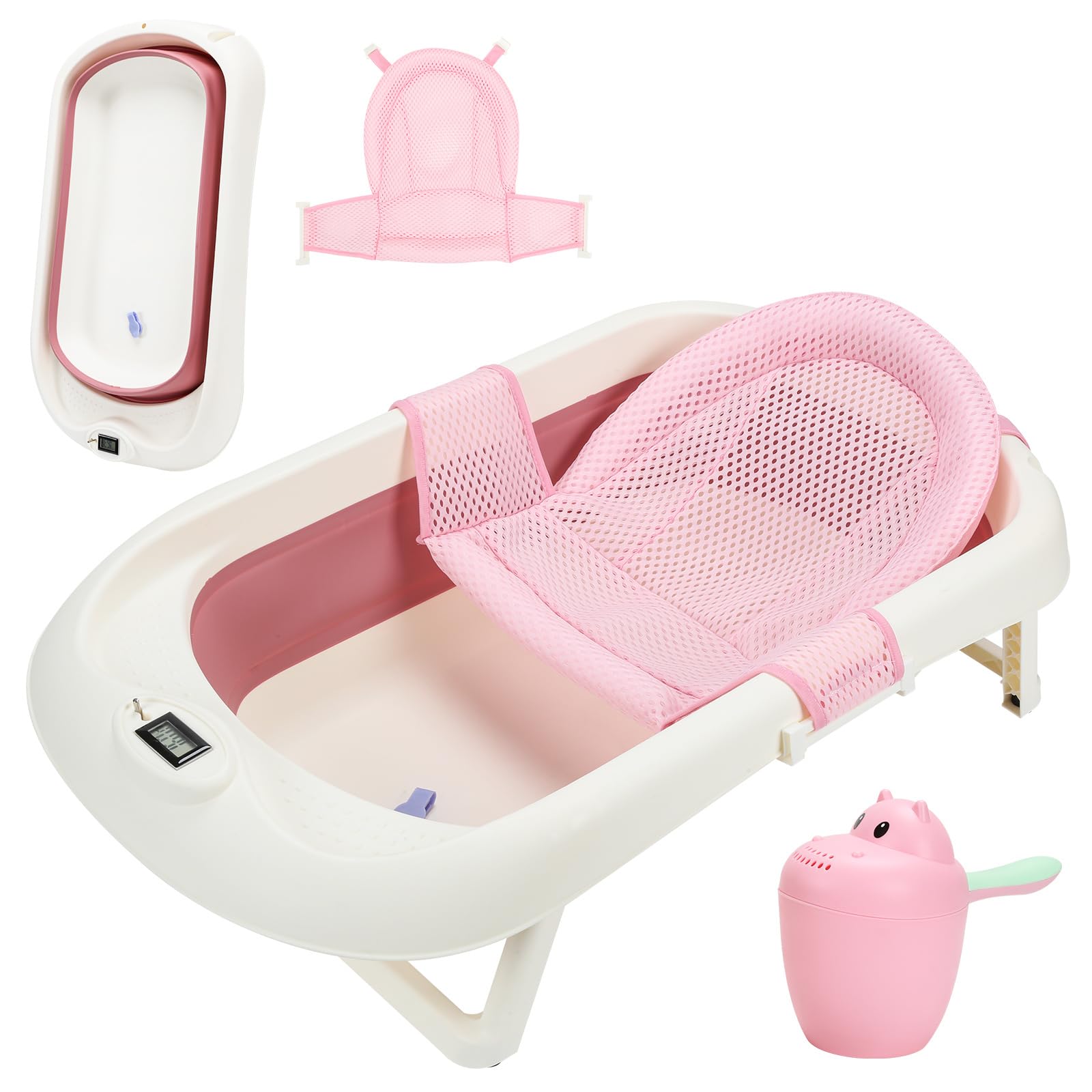 Bañera plegable para bebé con estante, termómetro, cojín de baño, taza de lavado de pelo a partir de 0 – 3 años, color rosa