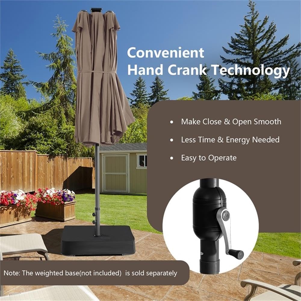 Pemberly Row 15FT Twin Patio Double-Sided Umbrella 48 Solar LED Lights Coffee
