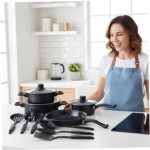 Miniatura 2 de Juego de ollas y sartenes antiadherentes, juego de utensilios de cocina de 13 piezas con sartenes, tapas de cacerola, espátula de cuchara y