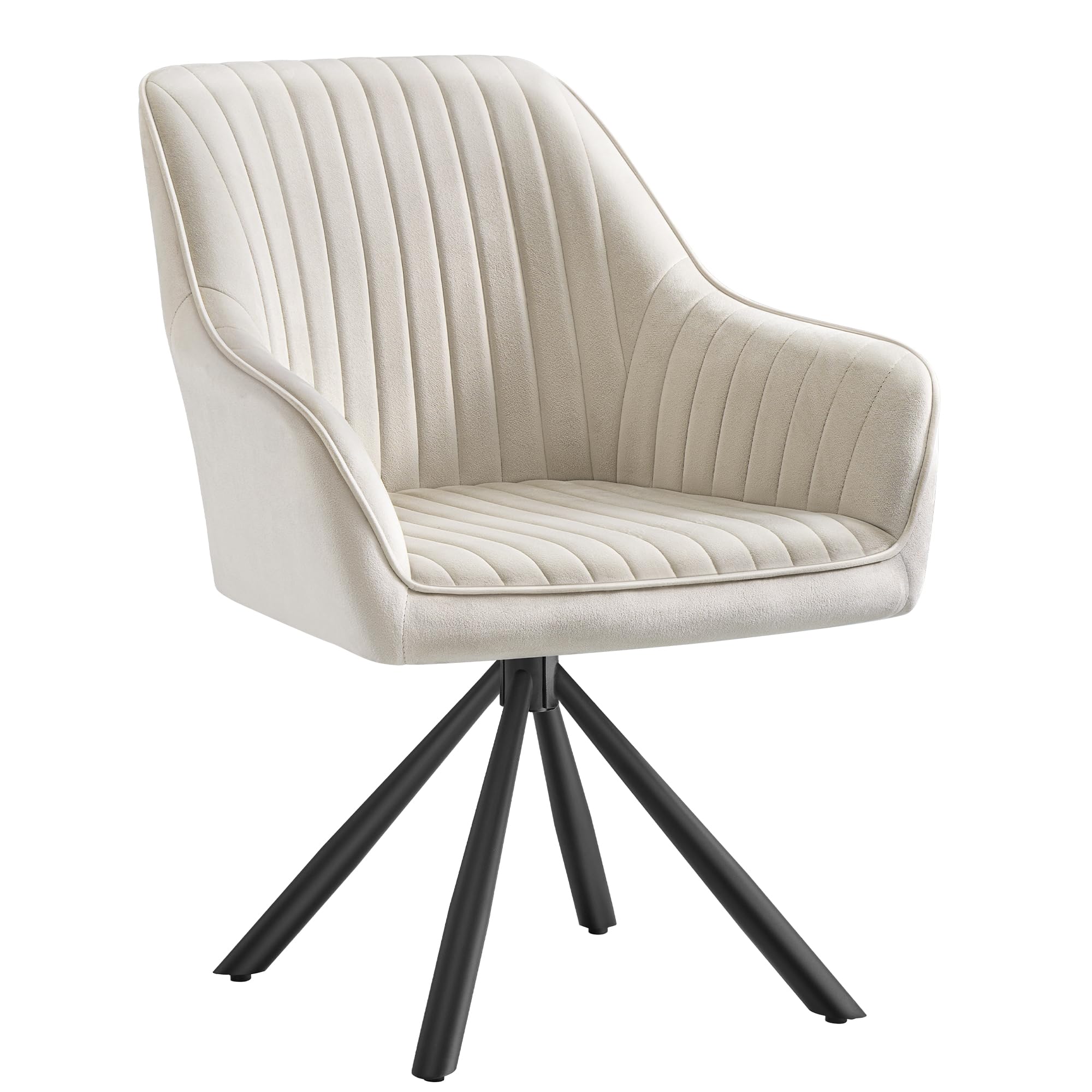SONGMICS Silla de Comedor, Sillón Giratorio, Terciopelo, Tapizado con Reposabrazos, Capacidad de Carga 120 kg, Patas de Acero, para Comedor, Cocina, Beige Capuchino y Negro Tinta KDC161LH01