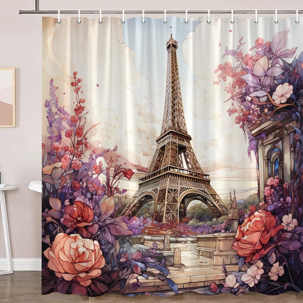 XHCEOH Paris Eiffel Tower Shower Curtain Rustic Floral