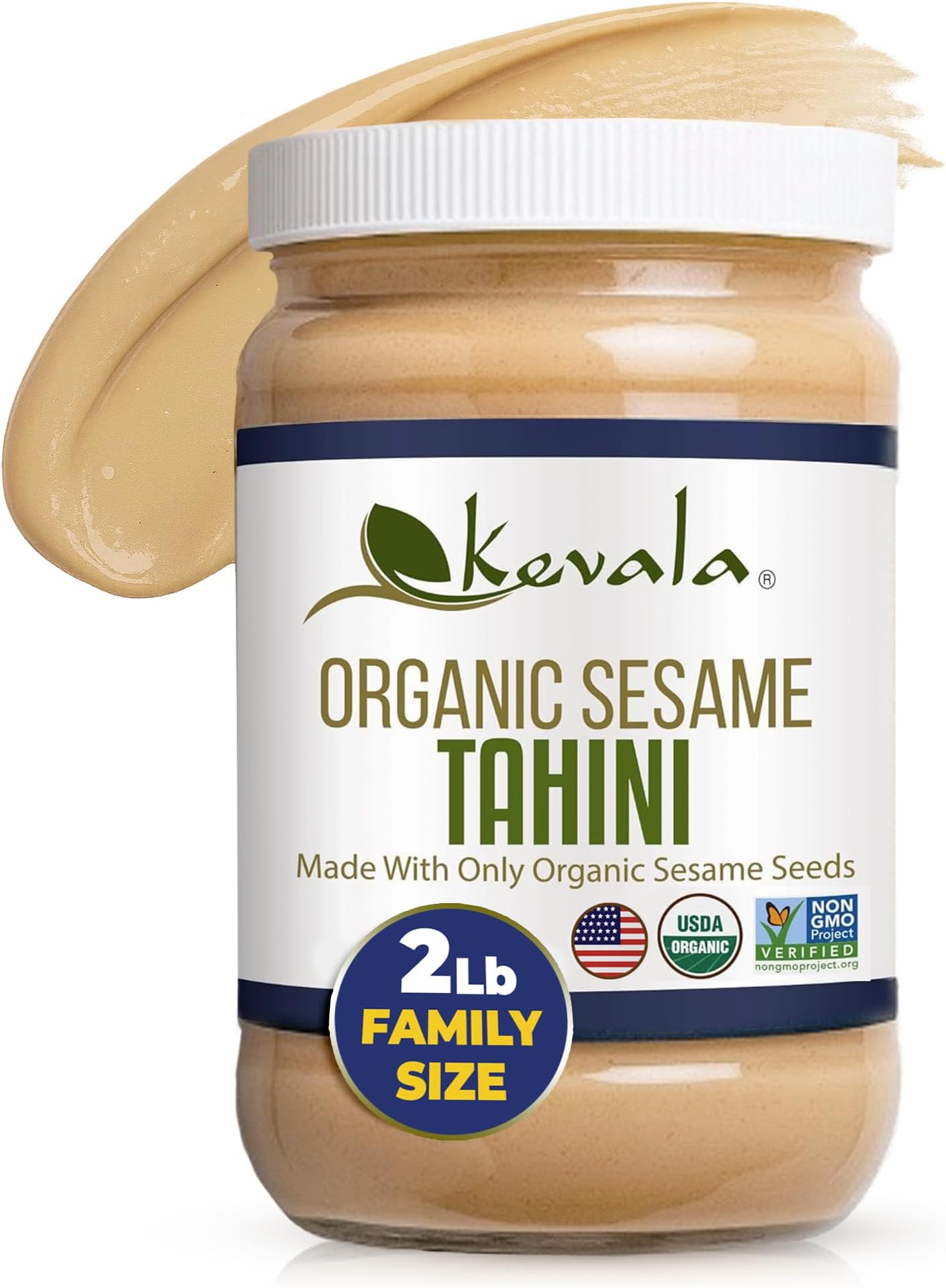 Kevala Organic Sesame Tahini | Smooth Hulled Sesame Paste with Pure Sesame Flavor for Spreads, Sauces & Cooking | USDA Organic, Non‑GMO Project Verified & Kosher Certified | 32 Oz / 2 Lb
