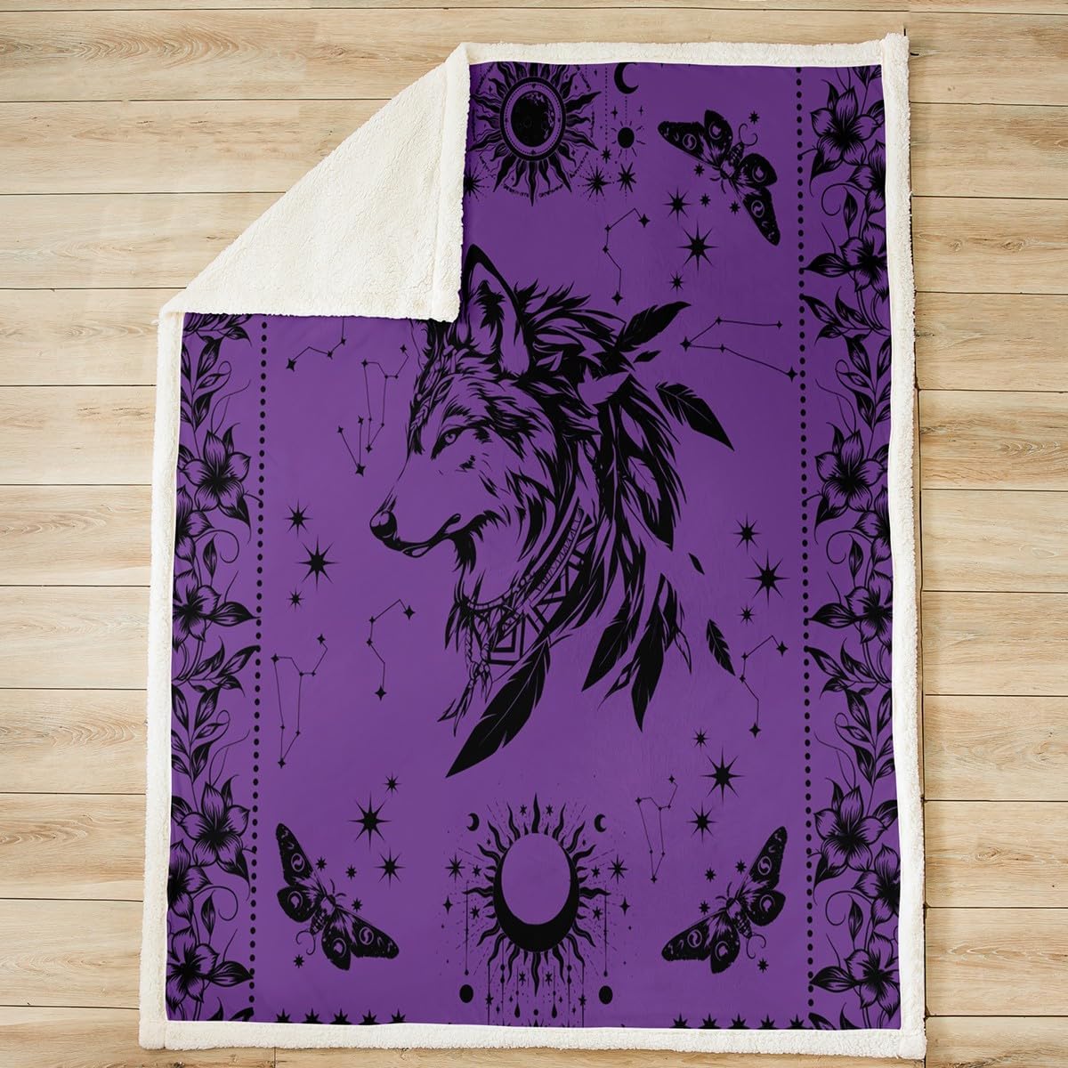 Castle Fairy Wolf Fleece Blanket,Wild Animals Flower Galaxy Plush Blanket for Kids Teens,Lovely Room Decor,Gothic Purple Black Flannel Blanket,Twin 60"x80"