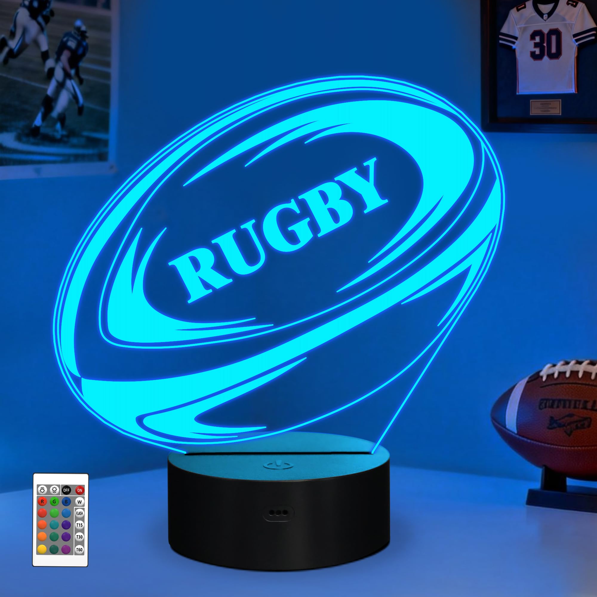 YuanDian Rugby Night Light, England Rugby Gifts for Boys Men, 3D Illusion Lamp 16 Colors USB & Battery Powered with Remote Control, Gifts for Rugby Lovers Decor