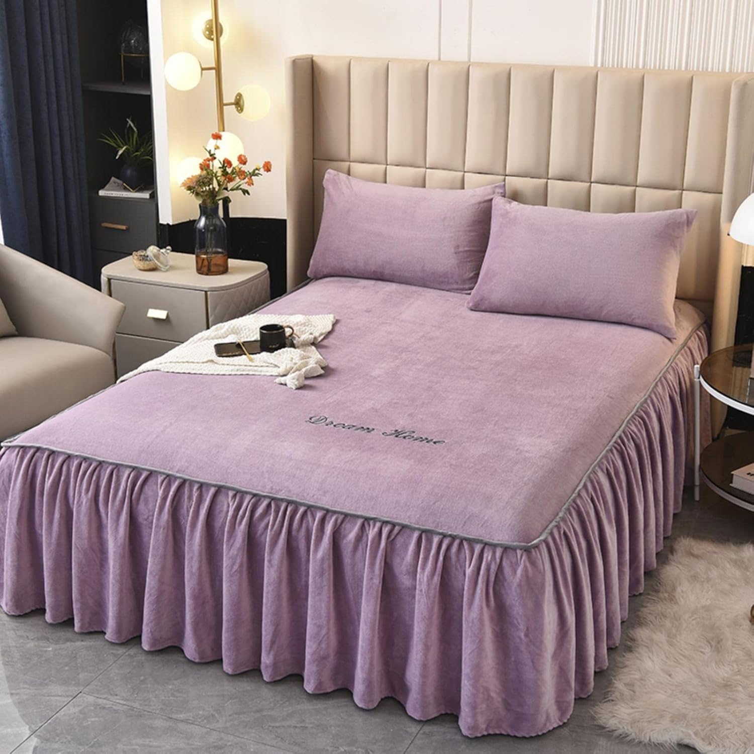 ZIQINPSQ Luxury Velvet Bed Skirts,Plush Fitted Bed Sheet 3 Side Coverage,18 Inches Deep Ruffles Drop Fitted Sheet Bed Skirt,Extra Soft Frilled Bedspread (Purple, Queen)