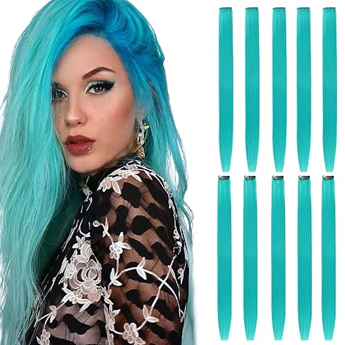 Extensiones de cabello azul con clip, extensiones de cabello neón con reflejos, extensiones de cabello sintético para Halloween, accesorios para el