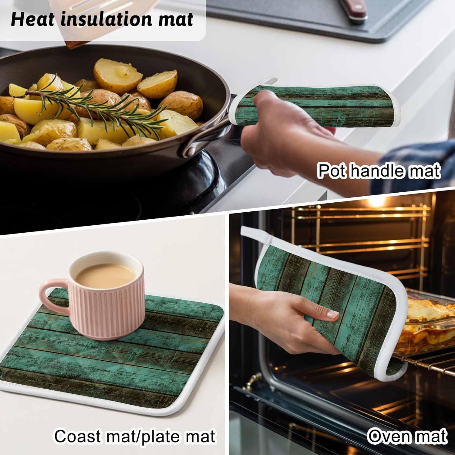 5 Pack Pot Holders for Kitchen, Retro Wood Grain Hot Pads for Kitchen Countertops Oven Pot Holder Bulk, Farm Green Smear Vintage Wooden Heat Insulation Potholders with Hanging Loops