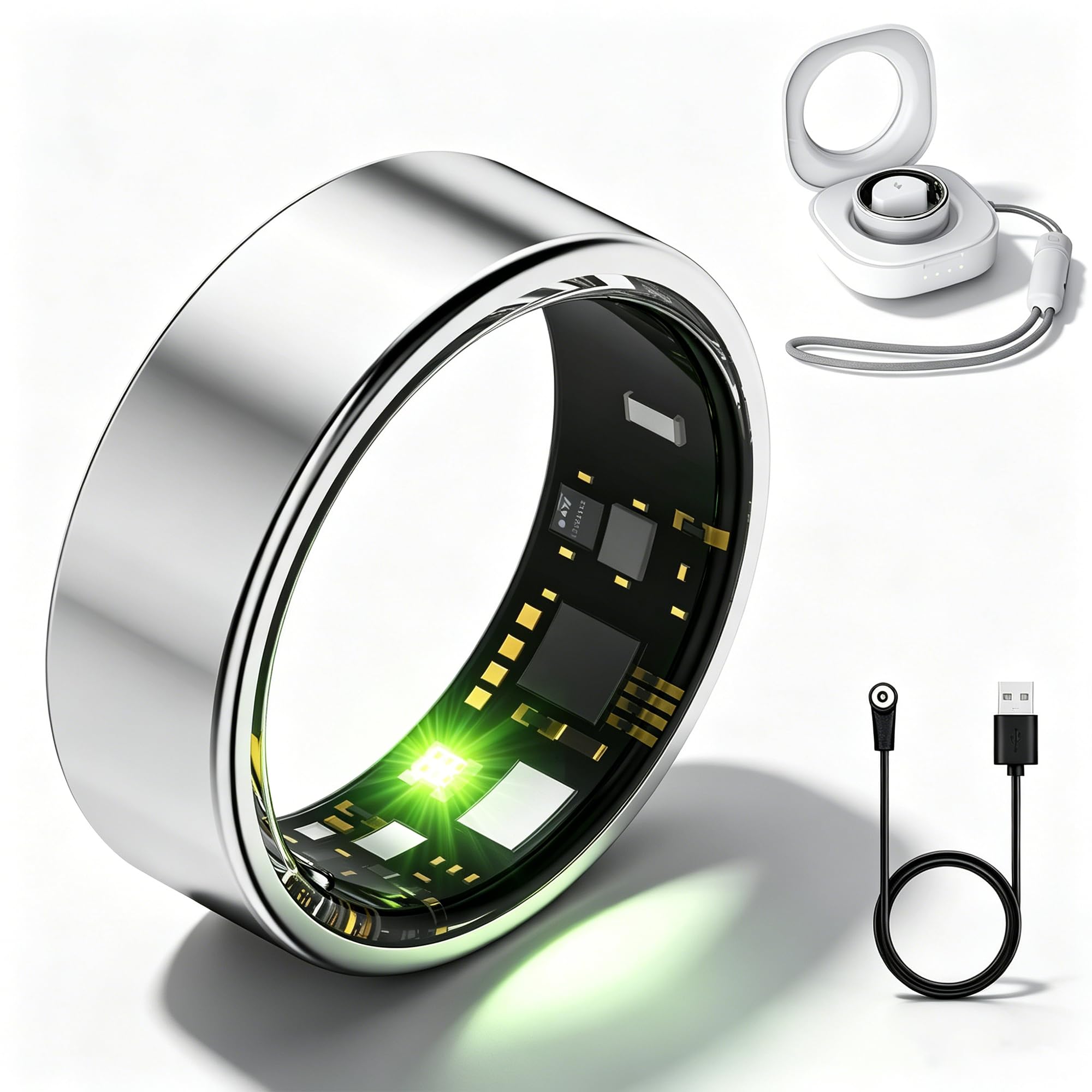 Smart Ring Moniteur de fitness et de santé pour homme et femme, moniteur de pas, étanche IP68, pas de frais d'abonnement, compatible avec iOS Android (argent, 10#)
