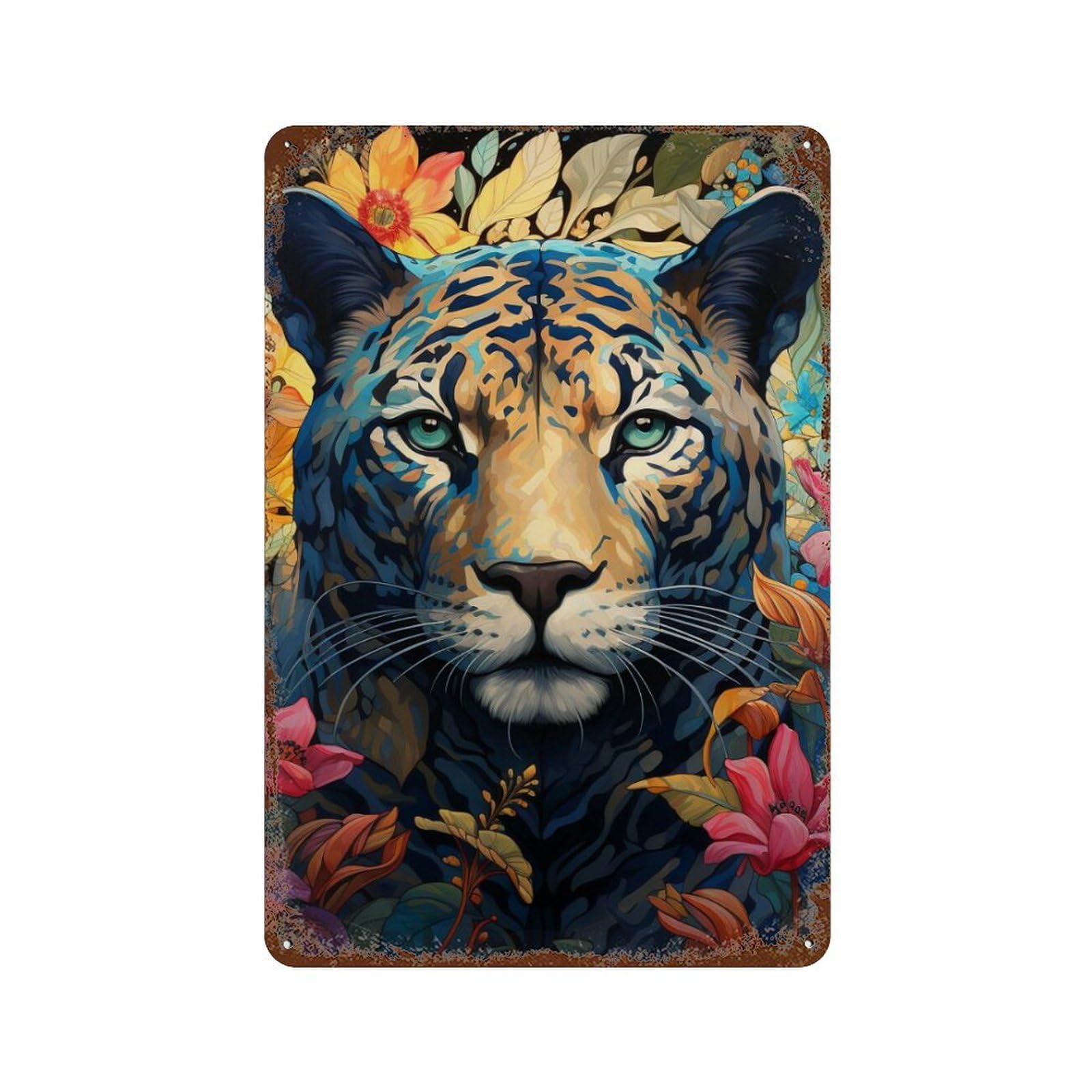Tiger in Flowers Decorative Tin Sign 11.8"x7.9", Industrial Home Decor for Garage, Pub Or Kitchen