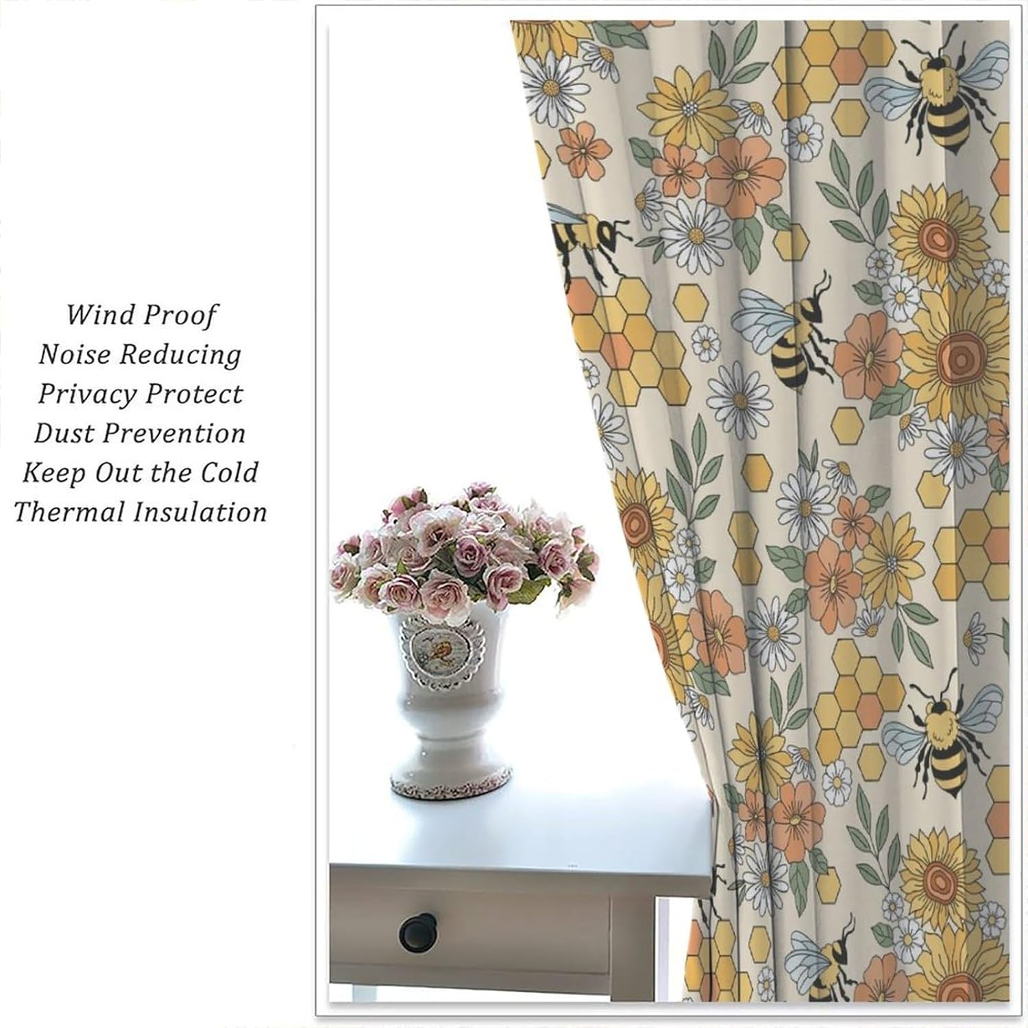 Spring Bees Curtains Colorful Flowers Yellow Geometric Hexagonal Honeycomb Cartoon Cute Flying Bees Bedroom Living Room Rod Pocket Decoration Window Drapes 2 Panels W31.5xL72in