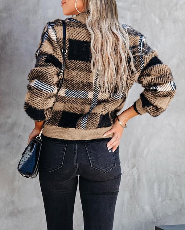 Imily Bela Womens Cardigan Sweaters Plaid Fuzzy Knit V Neck Button Down Long Sleeve Cozy Cardigans Pullover Tops Brown by Imily Bela - Image 3