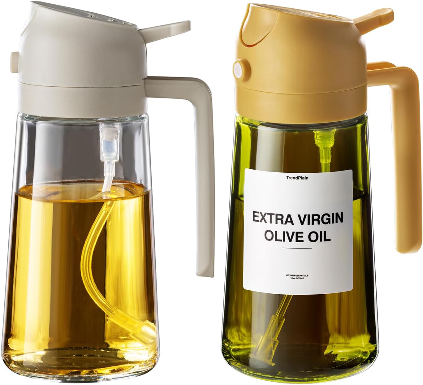 TrendPlain2-Pack 16oz Olive Oil Dispenser Set - Original & Light-Blocking Bottles with Stickers - White & Yellow