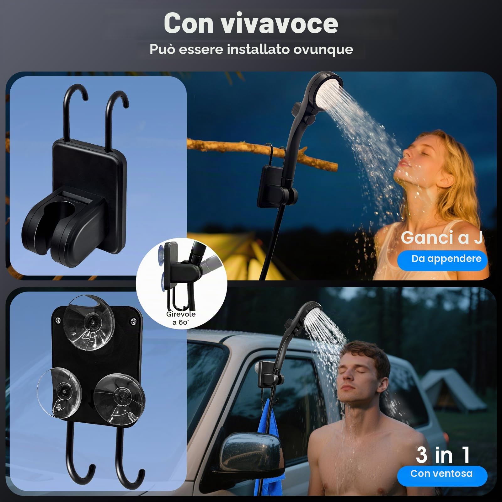 Doccia portatile con riscaldatore, doccia portatile per campeggio con riscaldatore con spegnimento automatico da 2000W, 4 modalità di spruzzo, durata 140 minuti, display LED, pompa doccia portatile