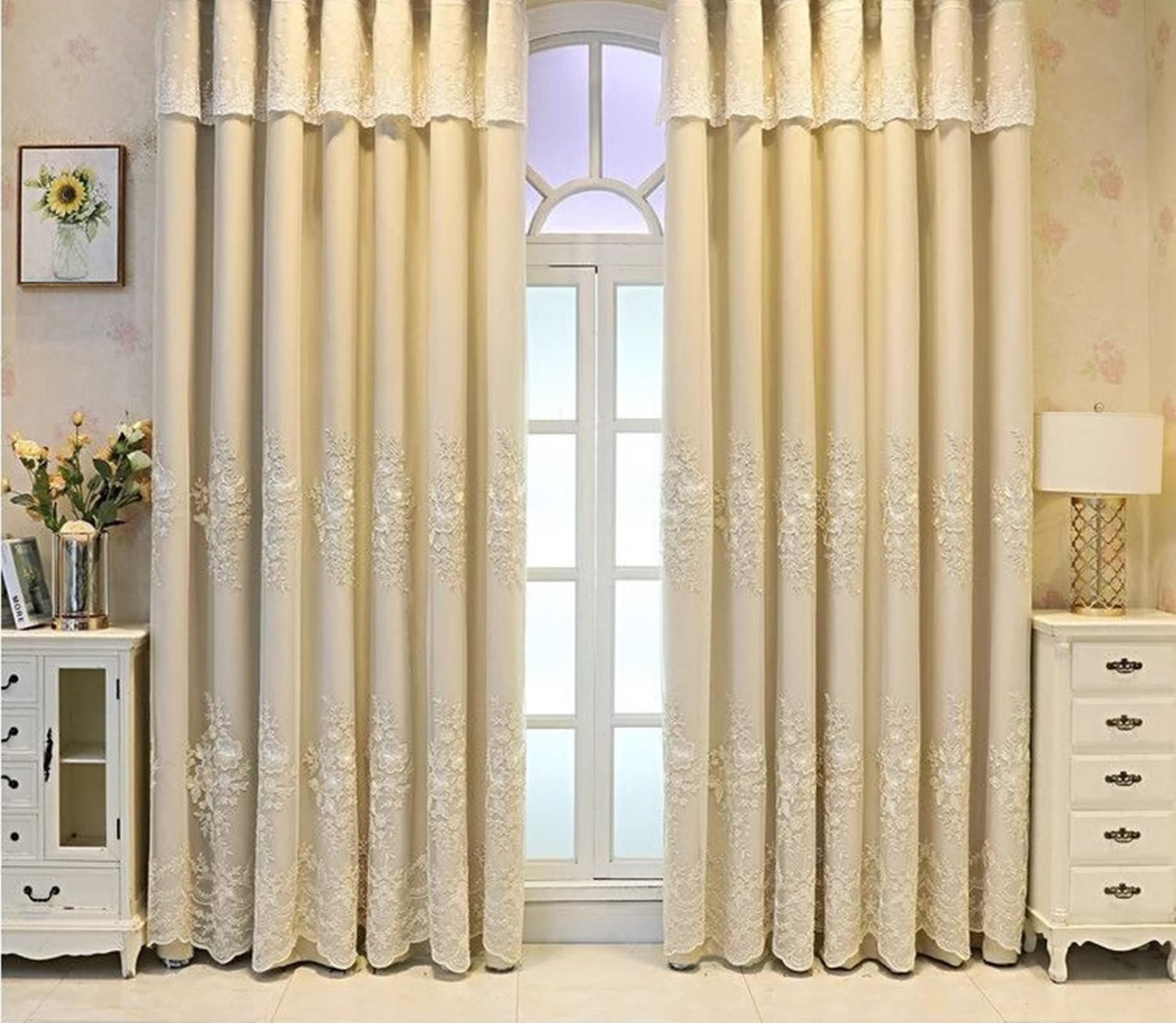 Rideau occultant beige brodé en dentelle à crochets 96x115cm lot de 2 pour chambre moderne