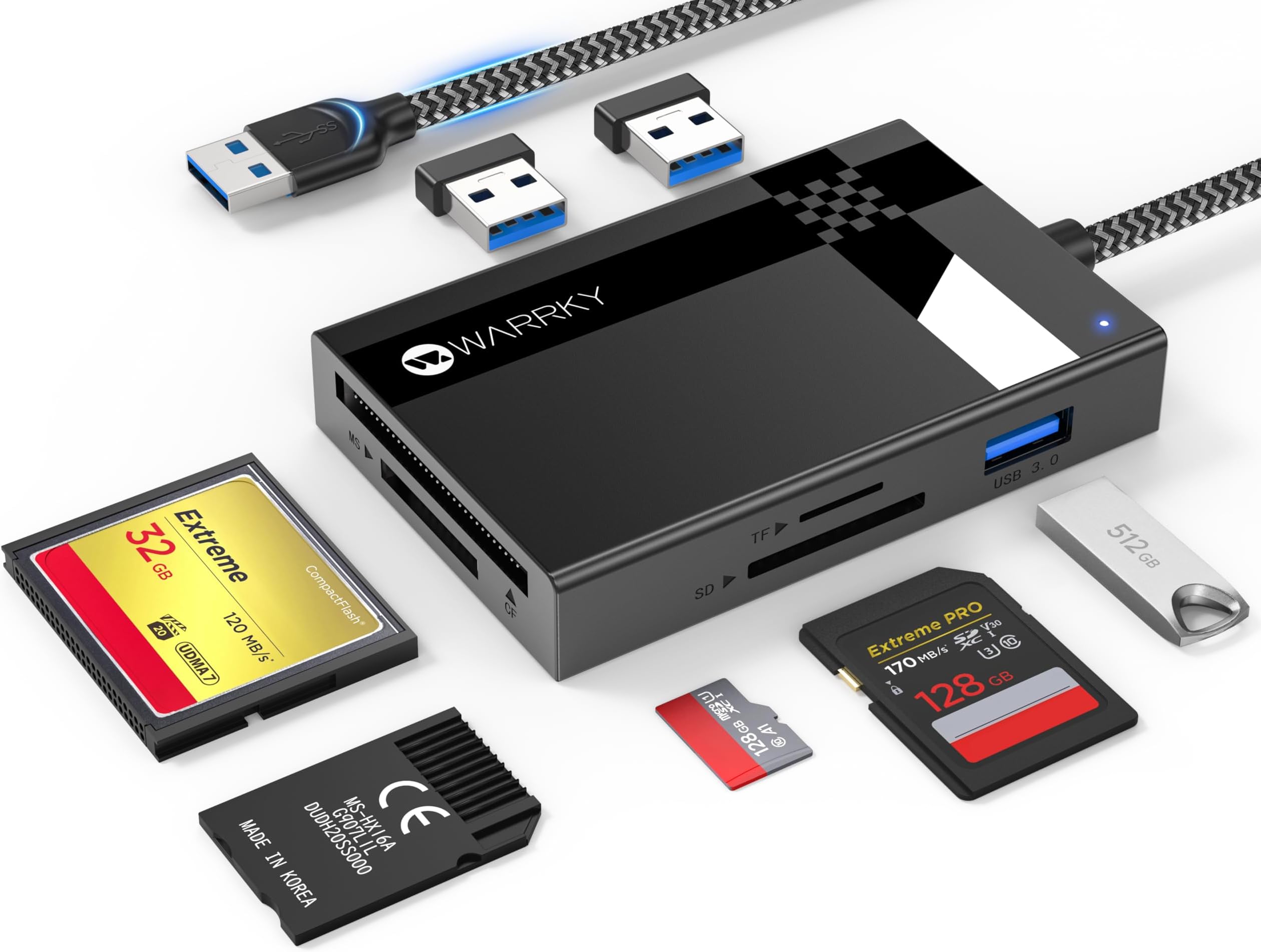 SD Card Reader, WARRKY 7 IN 1 USB 3.0 Multi Card Reader Adapter, 3 USB 3.0, 5Gbps High-Speed Camera Memory Card Reader 4 Cards Reading Simultaneously for SD, SDHC, SDXC, Micro SD, CF, CFI, TF, MMC
