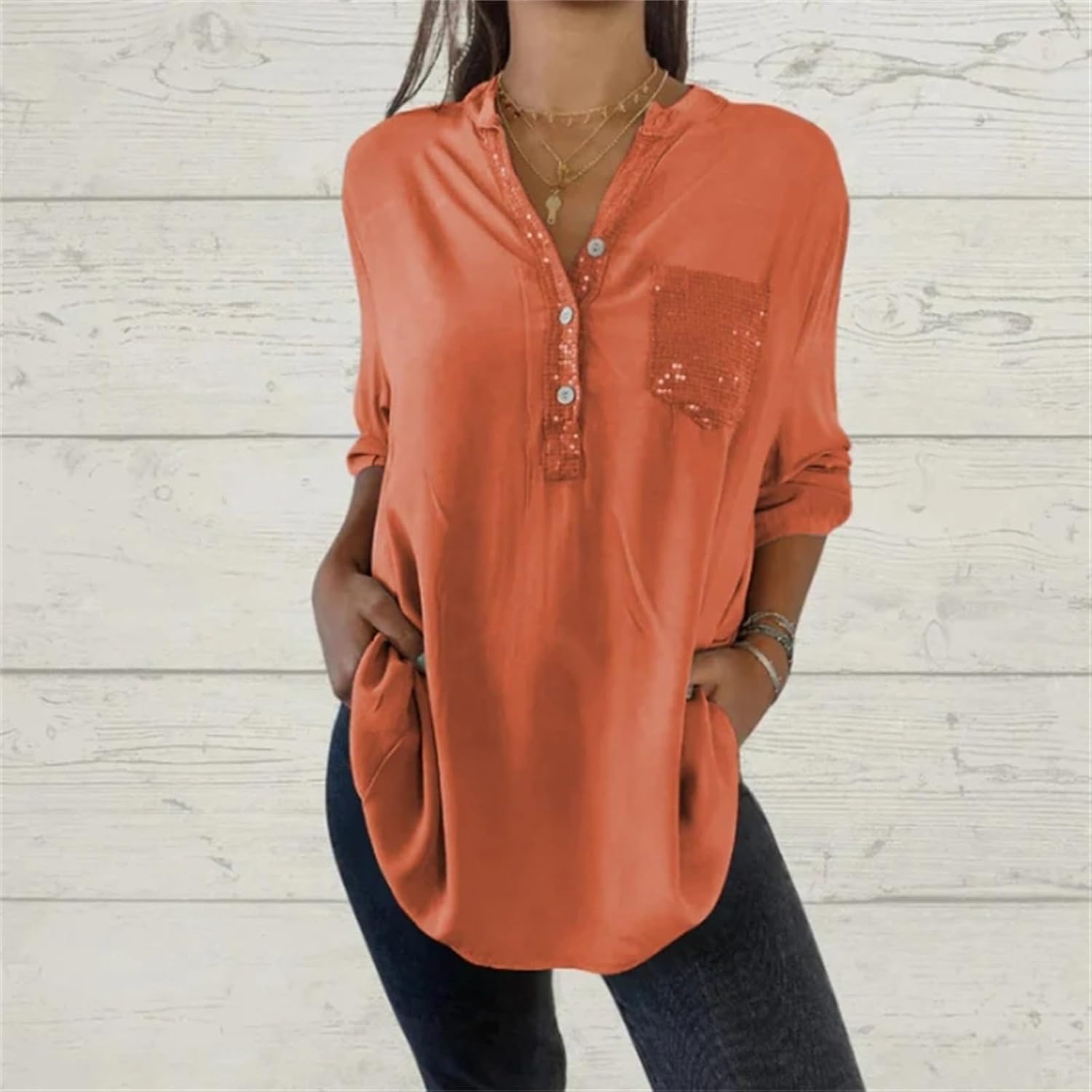 Women's Casual V Neck Collared Button Up Henley Blouse Top Solid Summer Tee Long Rolled Button Down Shirts for Women