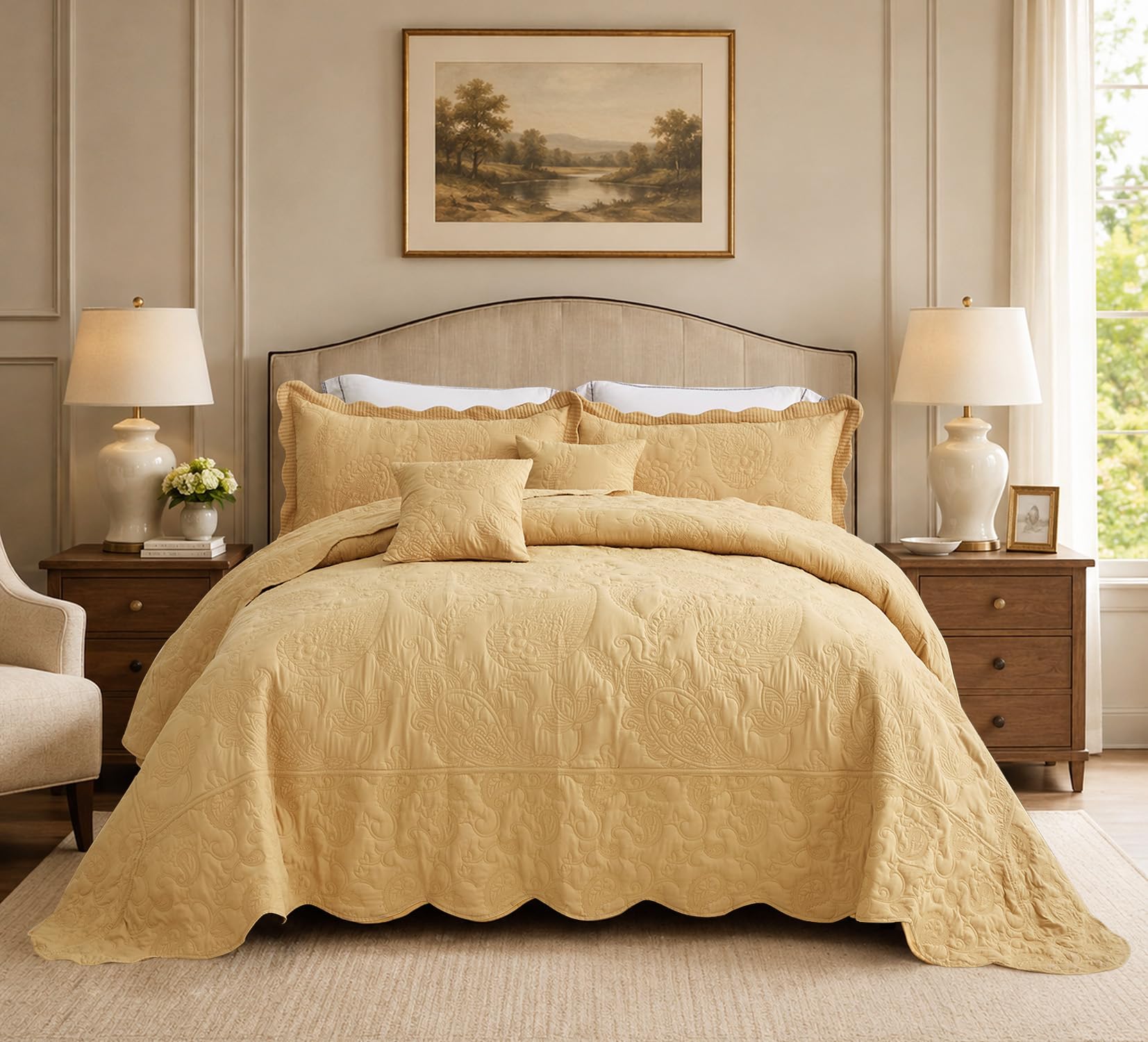HZ &amp; HY Oversized King Bedspreads 128x120, Stitched Paisley, Honey Gold
