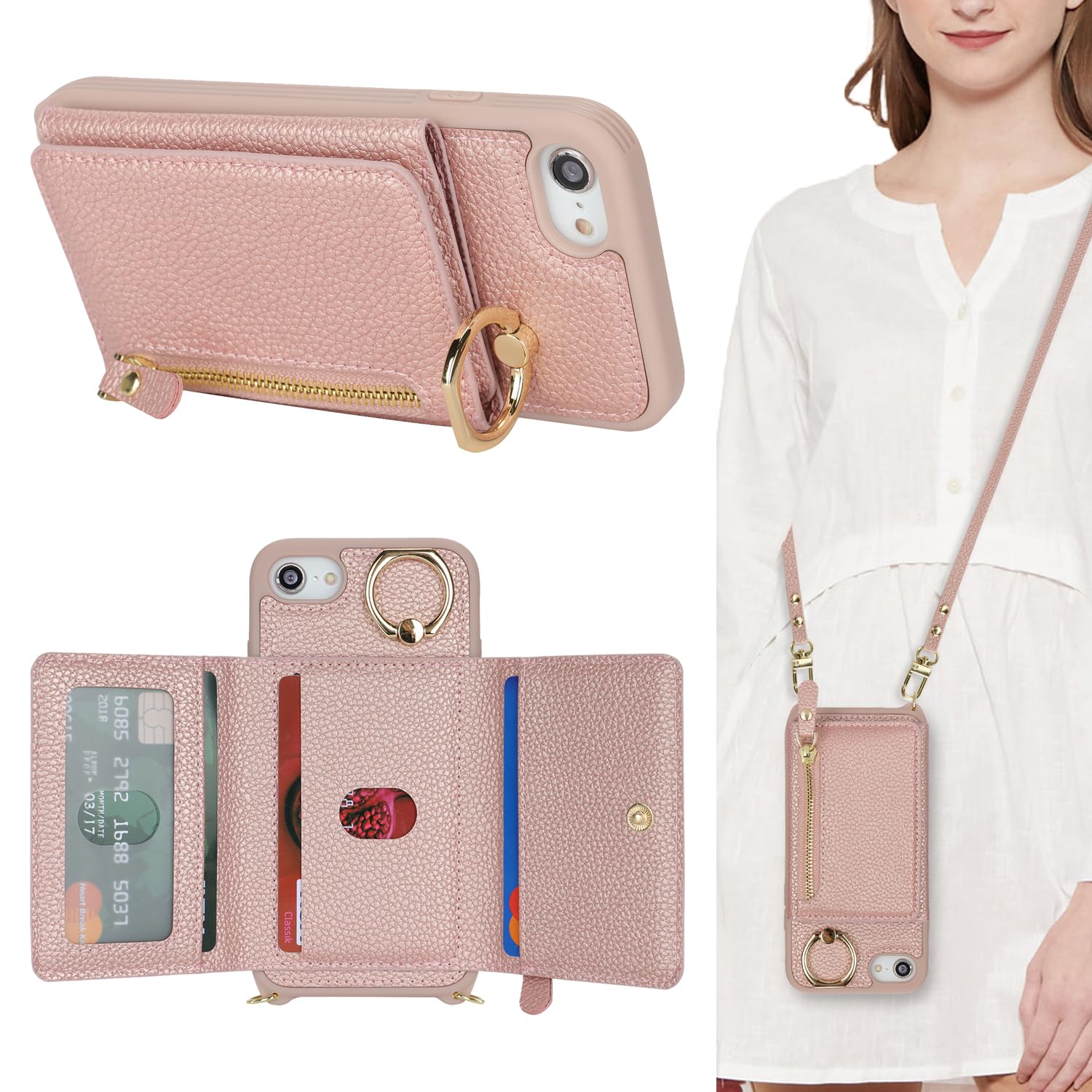 SunYoo Handyhülle Für IPhone 8/SE – Klapphülle Mit Kartenfach, Handschlaufe & Ständerfunktion, Roségold