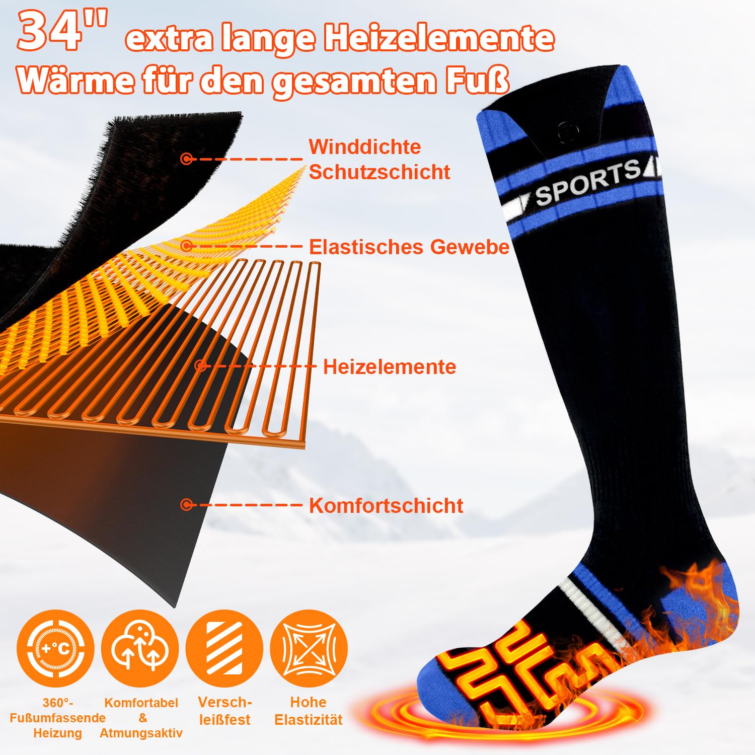 Beheizbare Socken Beheizte Socken,Heizsocken Skisocken 8000 mAh Wiederaufladbare Warme Socken Fußwärmer mit APP-Steuerung Warme Winter Männer Frauen