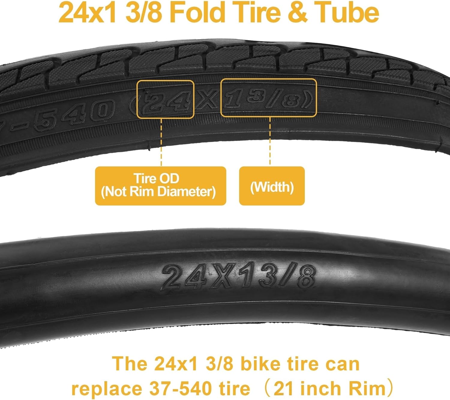 2Sets 24x1 3/8 Wheelchair Tires and Tubes (Fit 21" Rim), 24" Puncture Resistant Folding Street Bike Tire Sets 37-540 for Road Bike Street Bicycle E-Bike Directional Tread Low Resistance