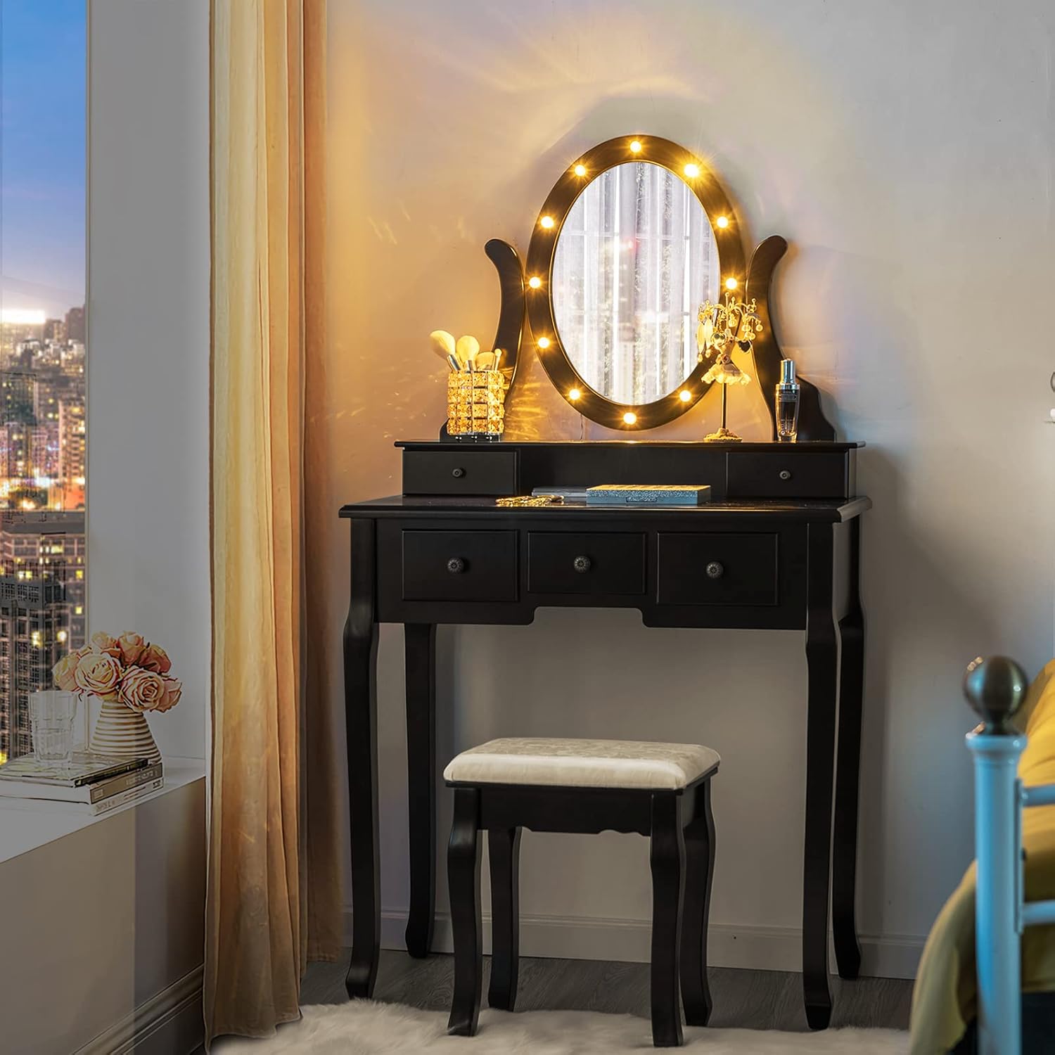 DORTALA Makeup Vanity Table Set, 5 Drawers Dressing Table w/ 360° Rotating Oval Mirror, Detachable Top, 12 LED Light Bulbs, Multifunctional Girl Dressing Table Set w/Vanity Padded Bench, Black