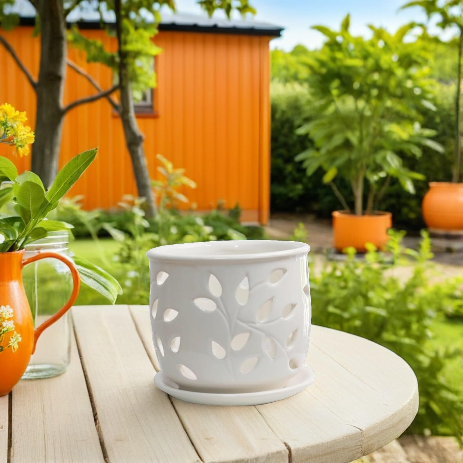HANABASS Ceramiczny Doniczka z Otworami z Podstawkiem Ceramiczny Biały Kwiatowy Pojemnik Do Wnętrz i Ogrodu z Optymalnym Drenażem dla Zdrowych Korzeni