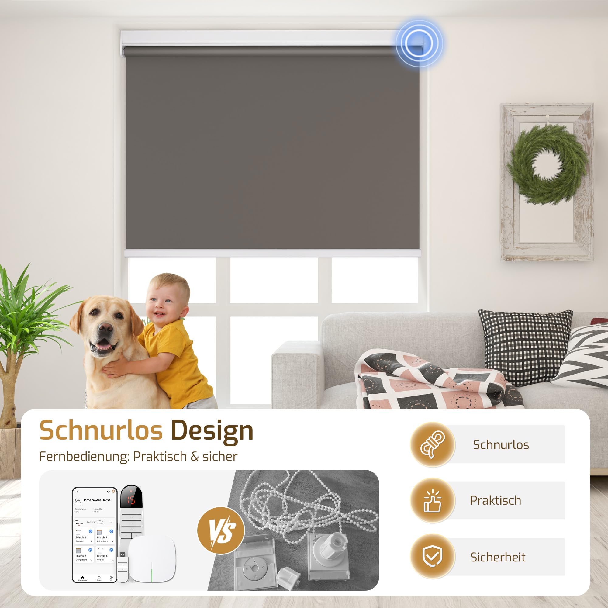 Grandekor Elektrische Rollos Innen Verdunklungsrollo ohne Bohren 120x120 cm | Dunkelgrau mit Fernbedienung & Leiser Motor Smart Rollo für Fenster mit Metal Klemmträger,Thermorollo Sonnen-& Sichtschutz