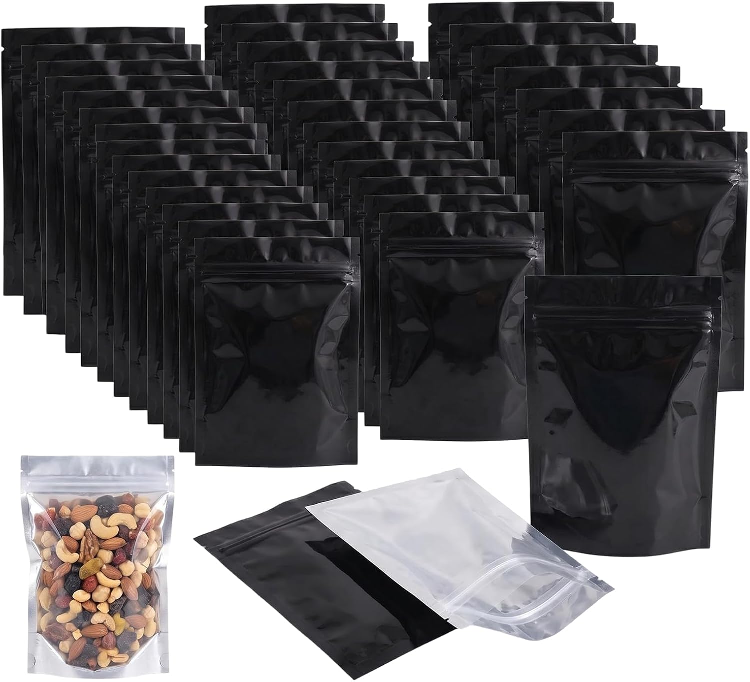 100 Pcs Reclosable 10.2x12.7cm/4x5inch Clear Colorful Mylar Foil Flat Ziplock Bag Sample Pouch Heat Sealable Aluminum Foil Bags Food Storage Coffee Candy Foil Grip Seal Wrap Black