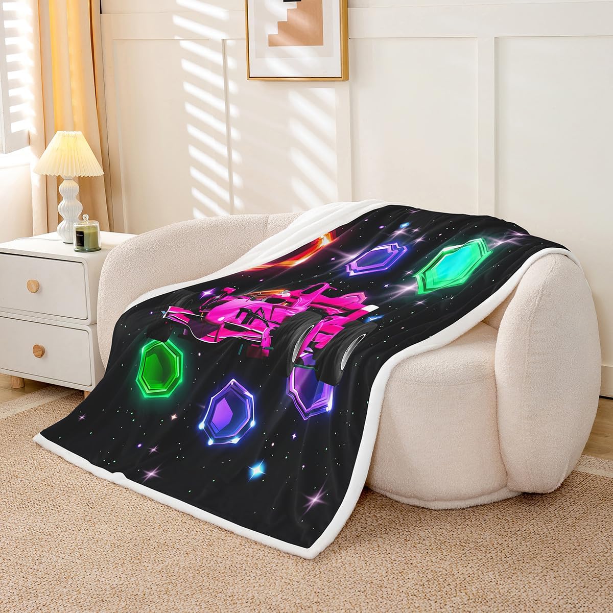 jejeloiu Pink Race Car Fleece Throw Blanket 40"x50" Boys Speed Sports Car Plush Sherpa Blanket Fuzzy for Kids Girls Teens Space Glow for Bed Couch Chair Living Room Breathable Extreme Sports