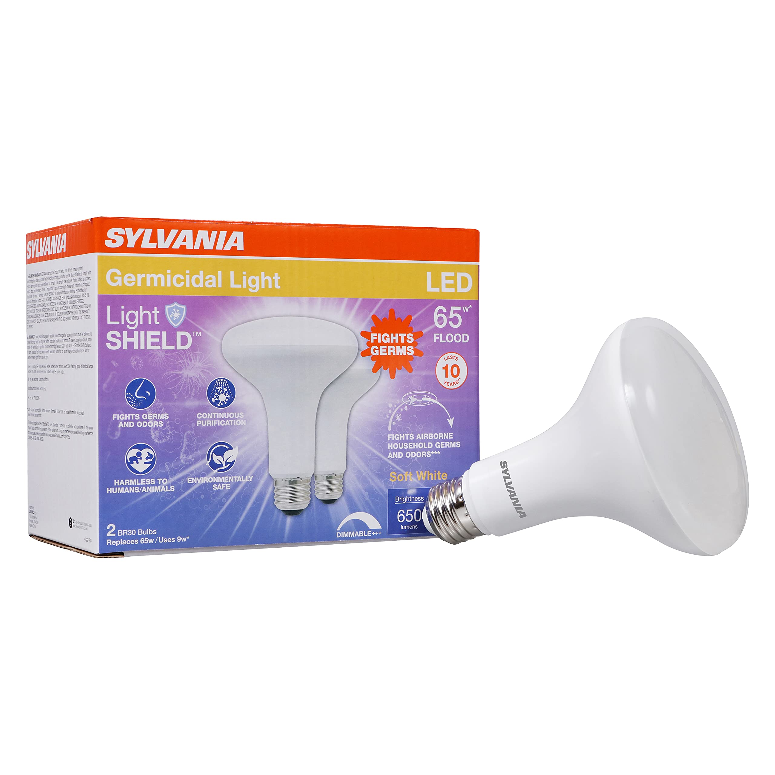 LEDVANCE Sylvania LightSHIELD BR30 Germicidal LED Light Bulb, 9W=65W, 10 yr, Dimmable, 650 lm, 2700K, Soft White - 2 Pack (41067)