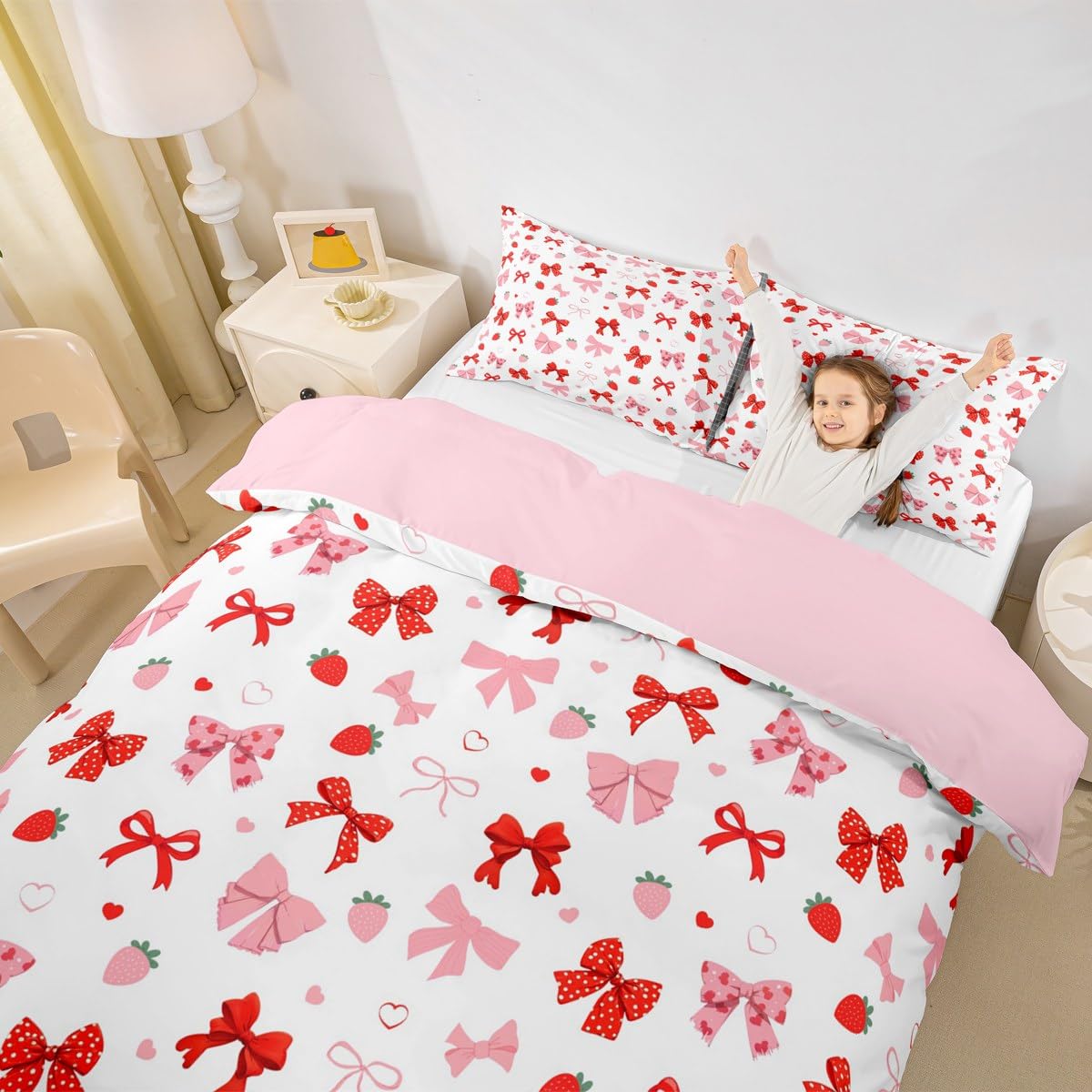 Homemissing Cute Bow Bedding Set Single Size Kids Strawberry Comforter Cover for Boys Girls Teens Red Bowknot Duvet Cover Breathable Soft Lightweight Microfiber Kawaii Room Decor - Image 4