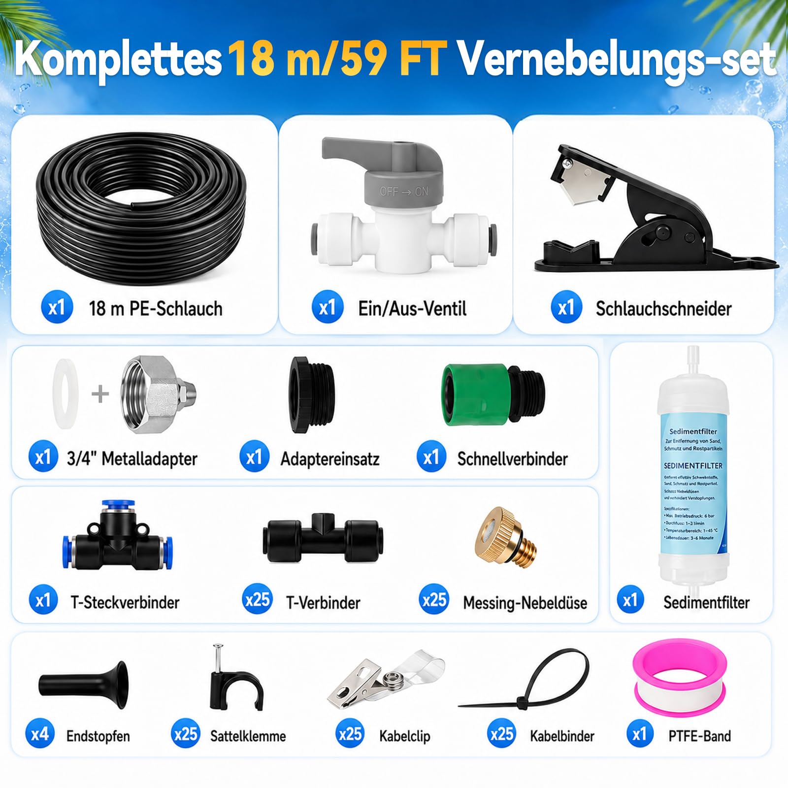 Pulverizador de refrigeración para terraza, manguera de 18 m, sistema de enfriamiento de niebla de agua con adaptador de latón de 3/4 pulgadas y filtro para pulverización de neblina, niebla de