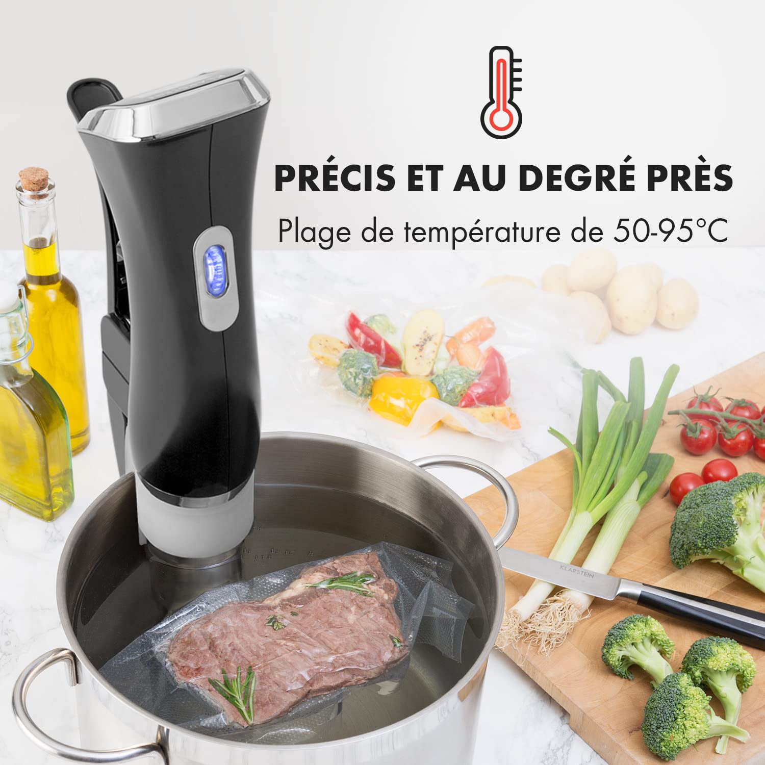 Klarstein QuickStick Mixeur plongeant sous vide (1 300 W, 20 litres, thermostat, minuteur, réglage de la température, écran LCD, bleu et noir