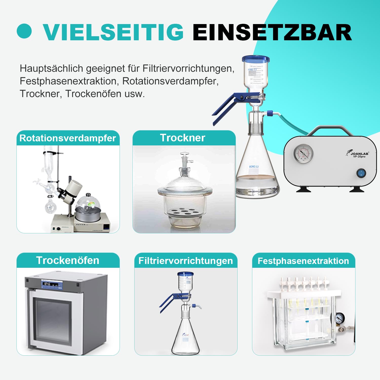 JOANLAB Ölfreie Labor-Vakuumpumpe 30L/min mit Druckregelung für Unter- & Überdruck, 0.085MPa Membranpumpe für Filtration, Forschung, Industrie