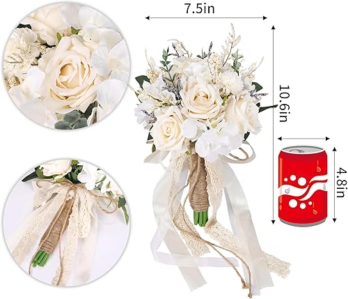 Miniatura 2 de CEWOR Wedding Bouquets for Bride Bridesmaid, White Champagne Artificial Roses Flowers Wedding Decoration (7.5in)