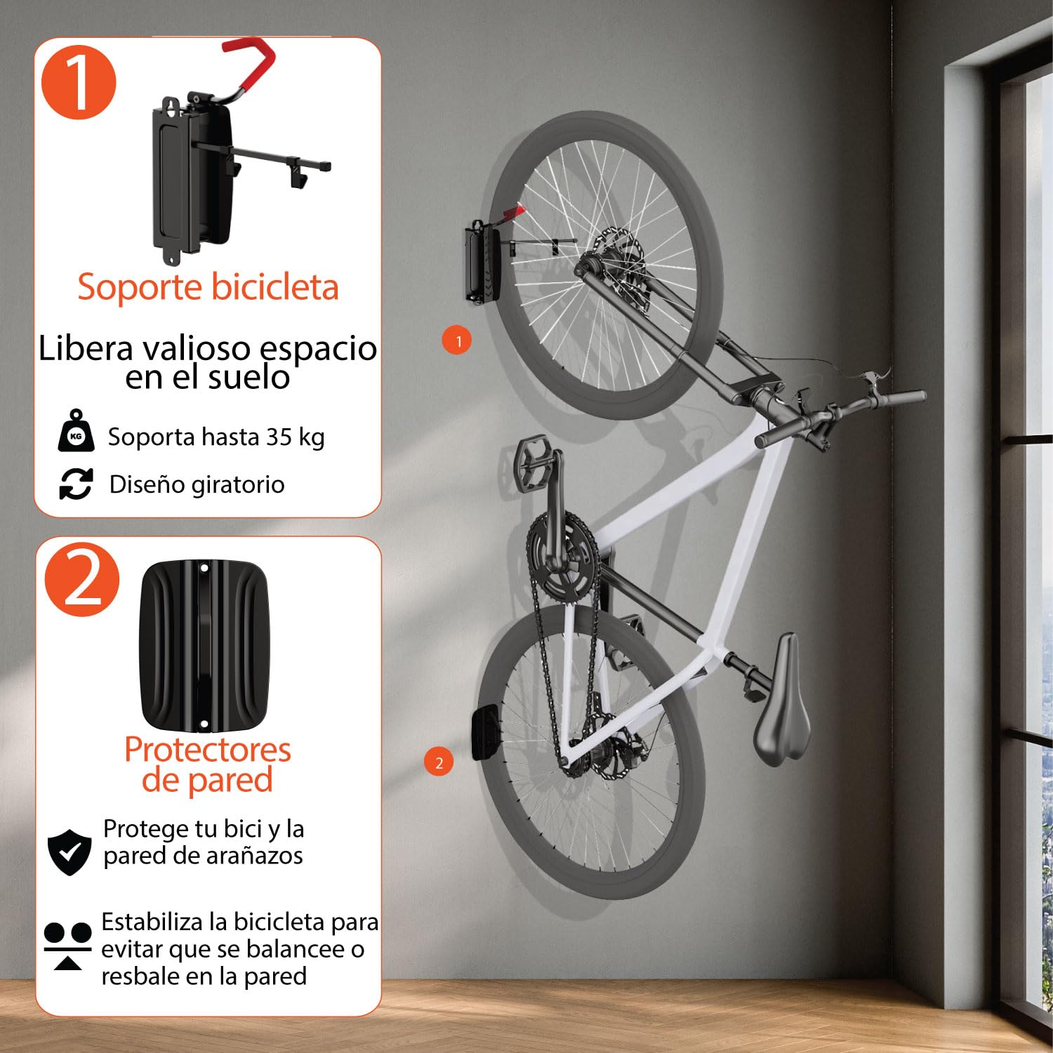 BeWise Soporte Bicicletas Pared Giratorio - Colgador Bicicleta Pared con Capacidad de 35 Kg - Soporte Pared Bicicleta con Tornillos de Montaje en Pared Incluidos - Garantía de por Vida