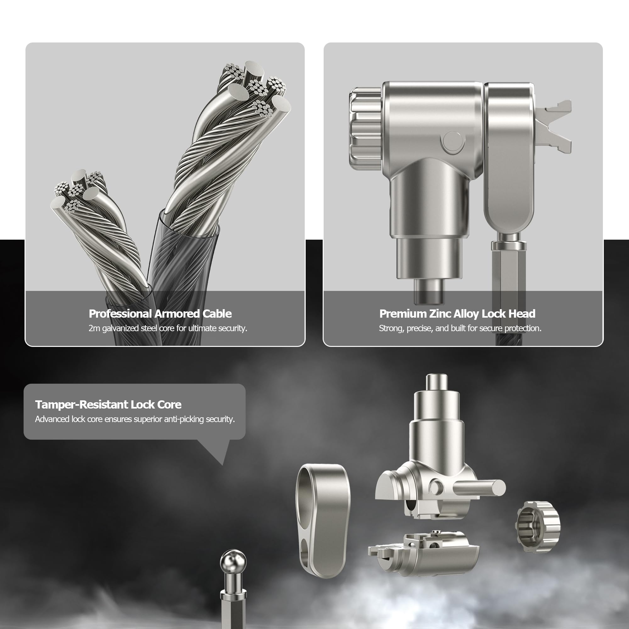 AboveTEK Candado para Ordenadores Portátiles: Cable de Seguridad 3 en 1 de 2m para Escritorio, Sistema Universal Antirrobo con 2 Llaves para Portátiles, Compatible con K-Slot, Nano y Wedge Slot