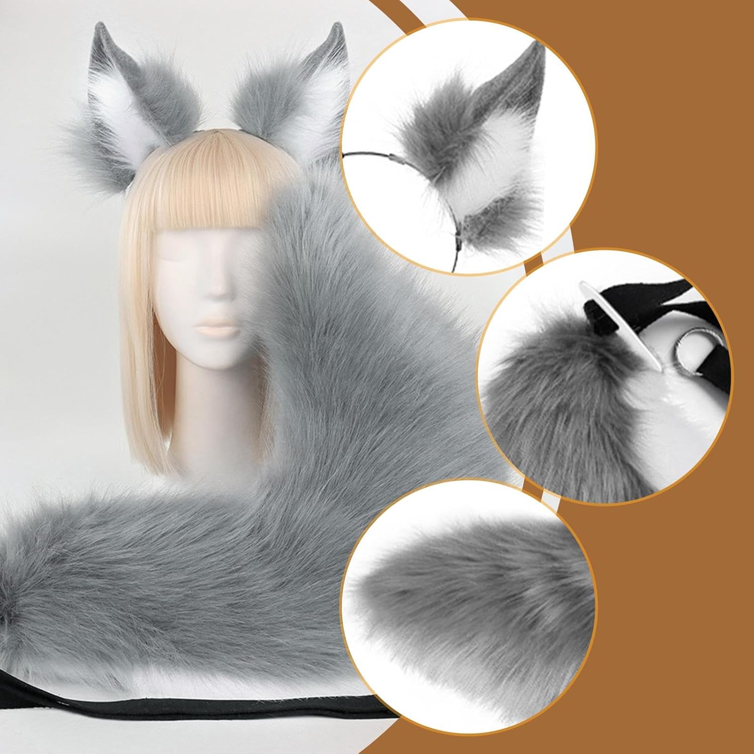 Cosplay Animal Ear Headband and Tail Set - Gray White Polyester for Halloween & Themed Parties