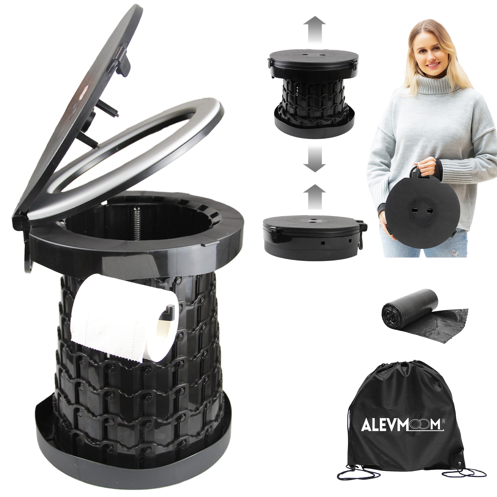 ALEVMOOM Portable Toilets for Adults, Capacity 600lbs,15.8" H Adjustable Camping Toilet with Carry Bags,Foldable Porta Potty for Camping, Hiking,Campervan,Travel,Car