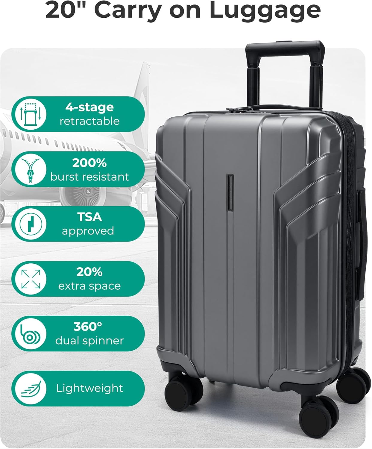 BAGSMART Expandable Carry On Luggage 22x14x9 Airline Approved, 1OO% PC Lightweight Hard Shell Suitcase, 20 Inch Travel Luggage with Spinner Wheels, Waterproof Rolling Suitcase, Gray… - Image 3