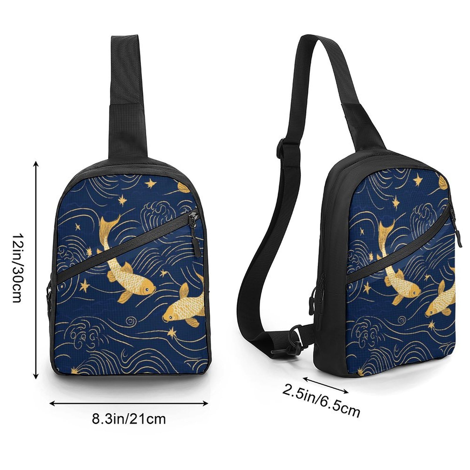 Gold Japanese Fish Waves Chest Bag Foldable Crossbody Unisex Pack Travel Hiking Adjustable Shoulder Straps Sling Bags