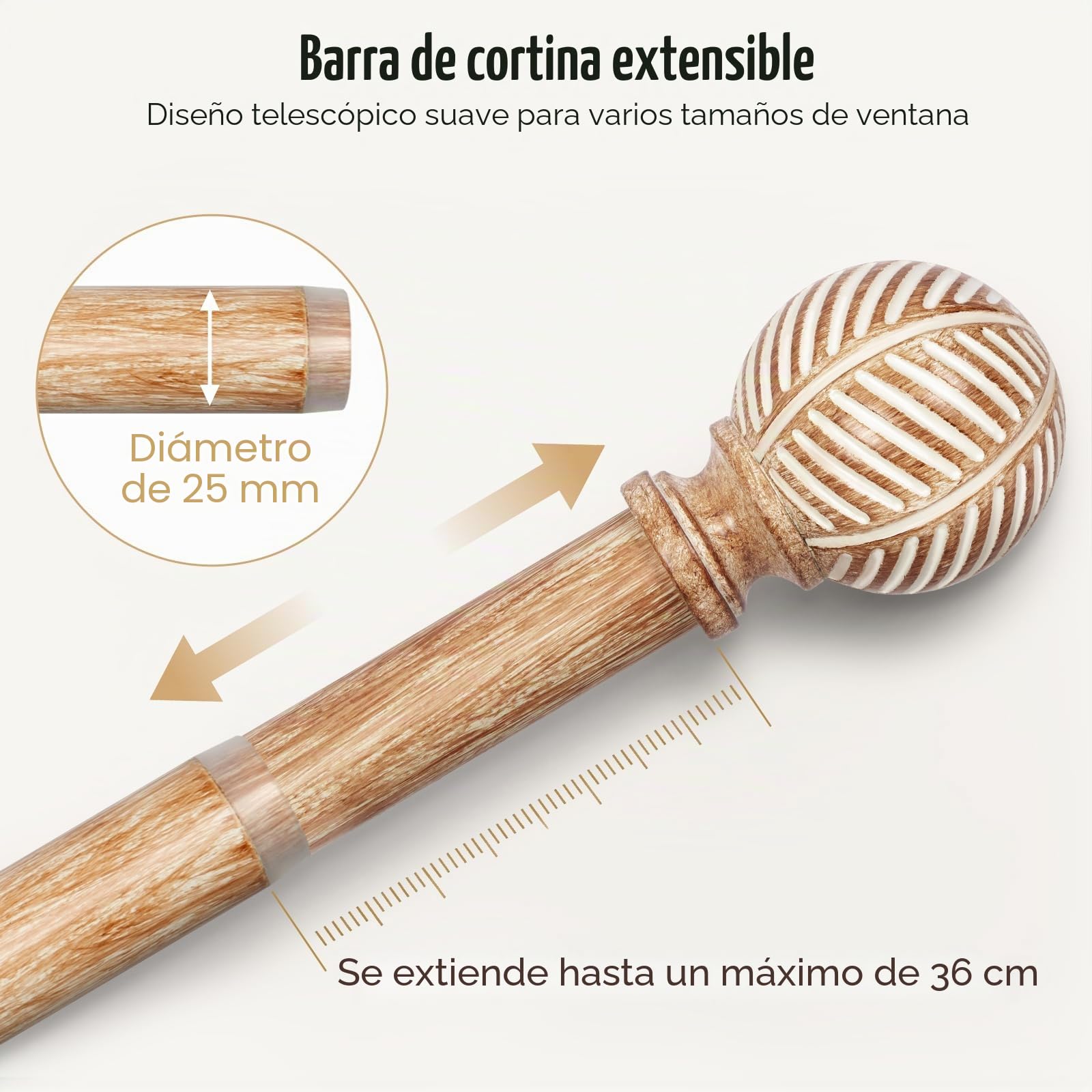 Barra de cortina extensible con efecto de madera, 76-305 cm, núcleo de metal de 25 mm, con vetas de imitación de madera, compatible con ojales, barra extensible para ventanas y puertas, color