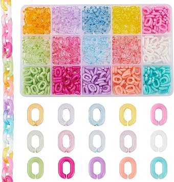 CHGCRAFT 600Pcs 15 Styles Transparent Opaque Acrylic Linking Rings Oval Quick Link Connectors for Earring Necklace Jewelry Eyeglass Chain DIY Craft Making, 0.4inch Long