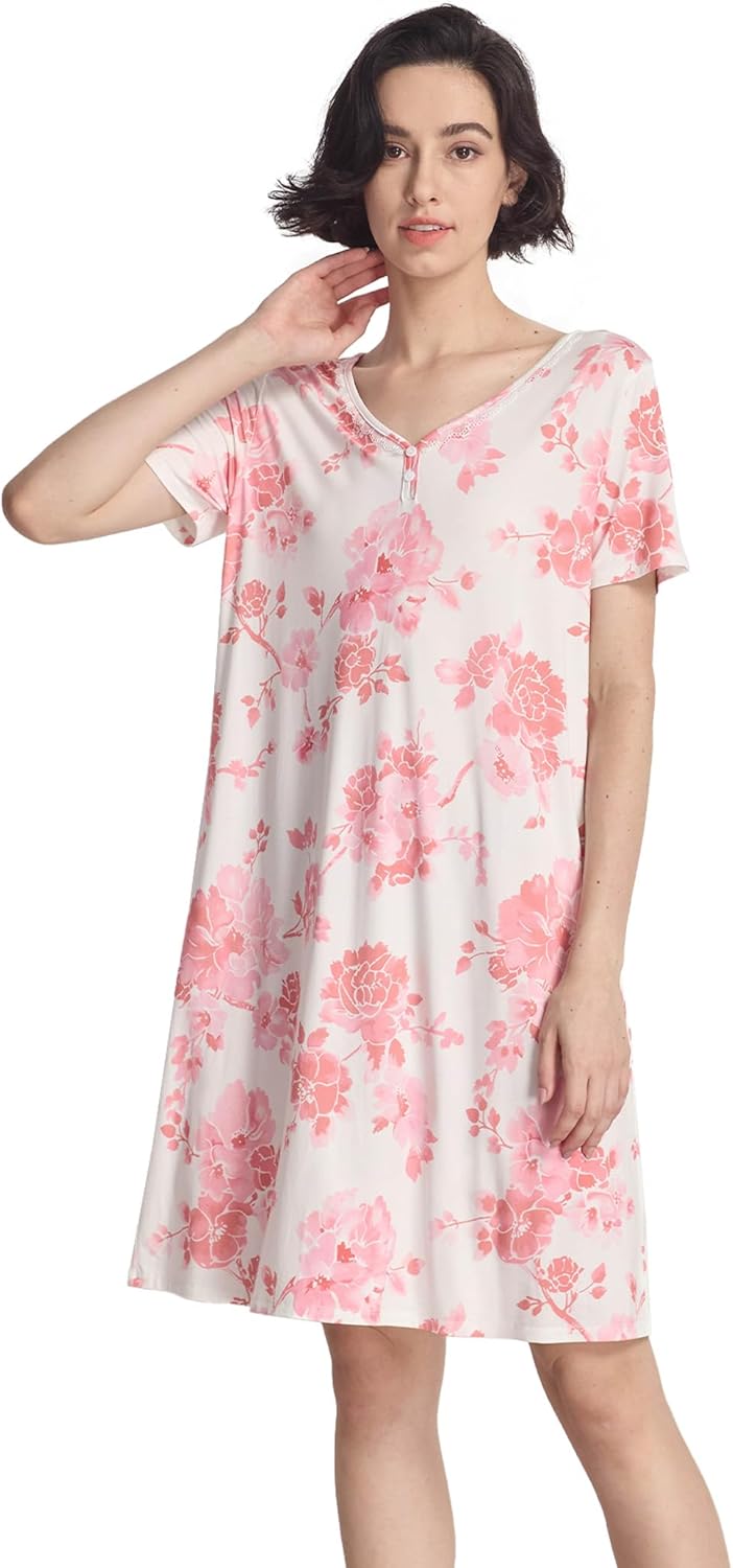 GYS Women's Nightgowns Bamboo Viscose Soft Comfy Short Sleeve V Neck Sleep Dress