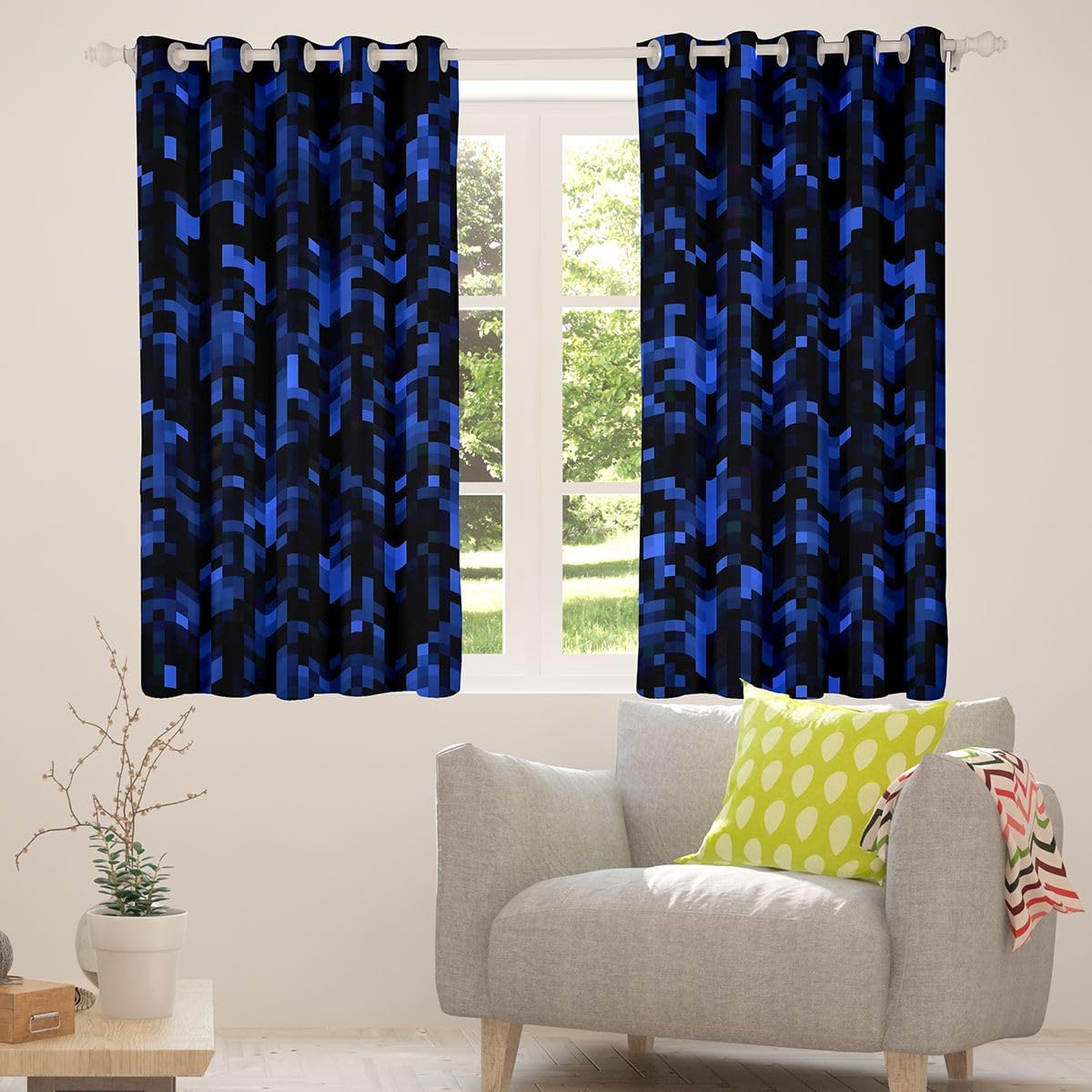 Royal Blue Miner Grid Blackout Curtains Pixelated Checkered Gamer Window Drapes,Modern Geometric Window Treatments,Kids Boys Girls Room Decor,Grommet Top 2 Panel Set Curtains, 42Wx63L inch