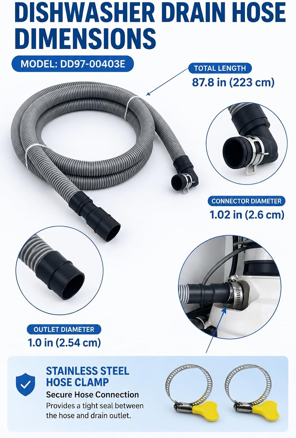 DD97-00403E Drain Hose for Samsung Dishwasher 7.3FT, Replace DD97-00403A
